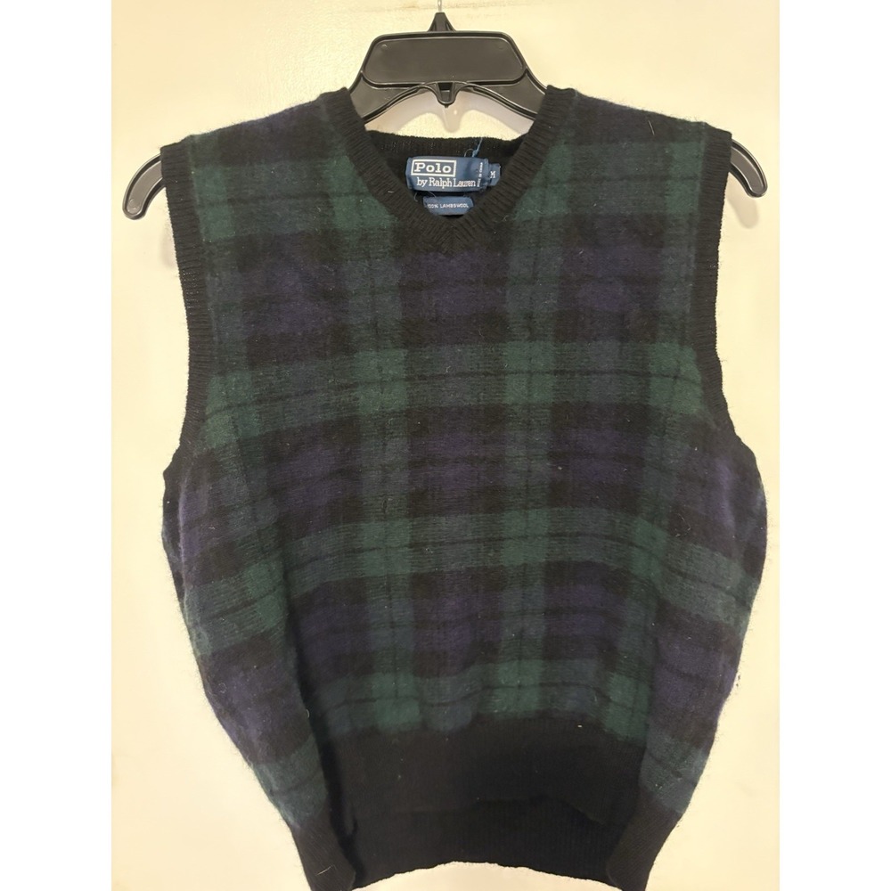 Vtg 90s Polo Ralph Lauren  LambsWool Sweater Vest Sz M Plaid Argyle